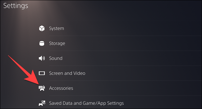 Seleccione "Accesorios" de la "Configuración" en PS5.