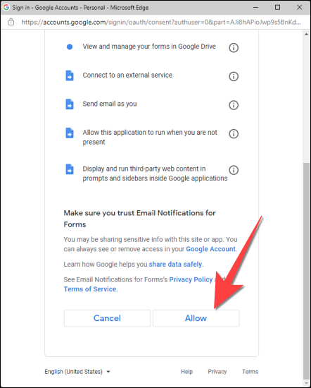 Elija la cuenta de Gmail relevante y seleccione "Permitir".