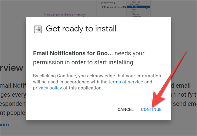 Seleccione "Continuar" para permitir que el complemento acceda a los detalles de su cuenta de Gmail.