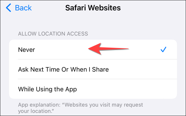 Seleccione "Nunca" en "Permitir acceso a la ubicación".