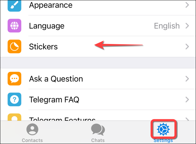 Seleccione "Configuración" y seleccione "Pegatinas" en Telegram para iPhone