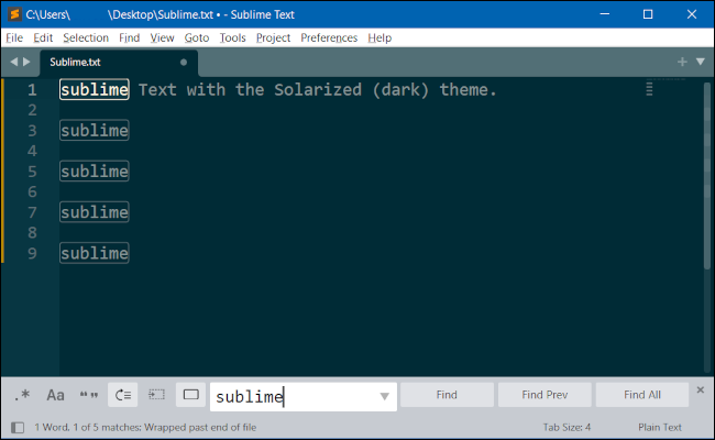 Una ventana de Sublime Text que muestra la función Buscar palabra.