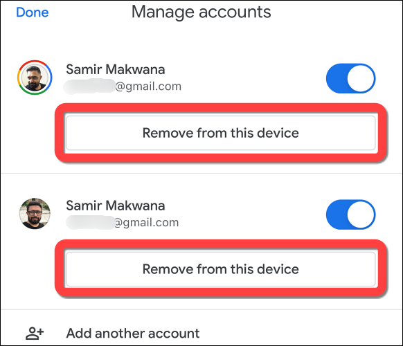 Toque el botón "Eliminar de este dispositivo" para la cuenta de Gmail que desea eliminar.
