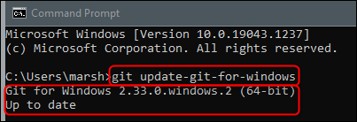 El comando para actualizar Git en Windows y el mensaje de éxito.