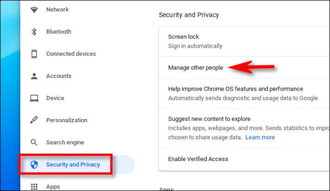 En Configuración, haga clic en "Seguridad y privacidad", luego seleccione "Administrar otras personas".