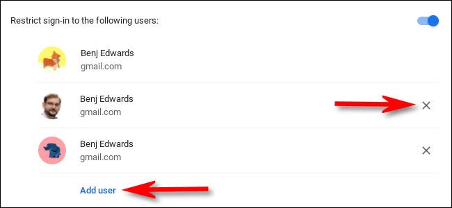 Haga clic en "X" para eliminar un usuario o "Agregar usuario" para agregar uno.