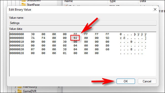 Cambie el número a "02" para una barra de tareas a la derecha.