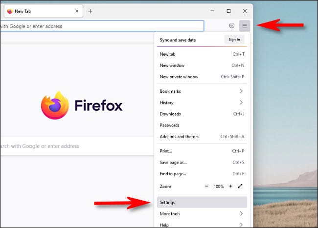 En Firefox, haz clic en el botón de menú de tres líneas y luego selecciona "Configuración".