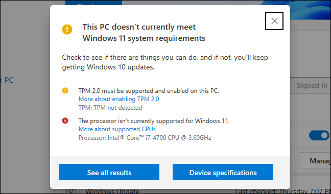 La aplicación PC Health Check dice que una PC no cumple actualmente con los requisitos mínimos de Windows 11.