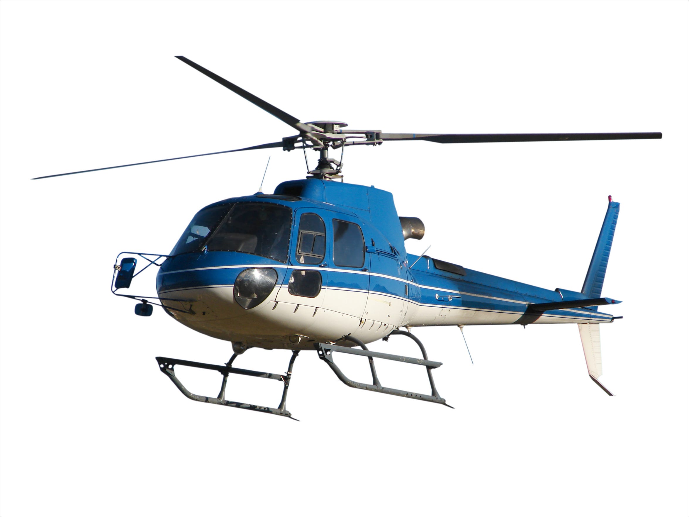 Un helicóptero azul que se muestra sobre un fondo blanco.