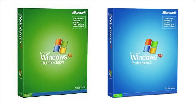 Las cajas de venta minorista de Windows XP Home and Profession Edition.