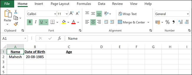 Una hoja de cálculo de muestra para encontrar la edad en años en Excel.