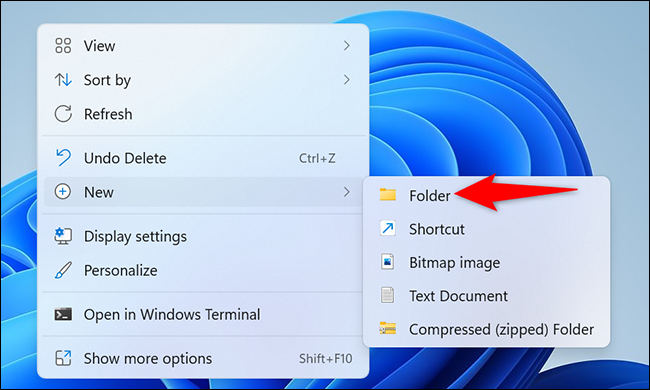 Haga clic con el botón derecho en el escritorio y seleccione Nuevo> Carpeta.