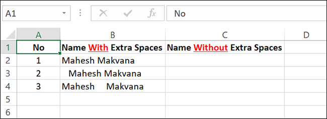 Una hoja de cálculo de Excel con espacios adicionales.