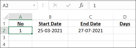 Una hoja de cálculo de Excel con una fecha de inicio y una fecha de finalización.