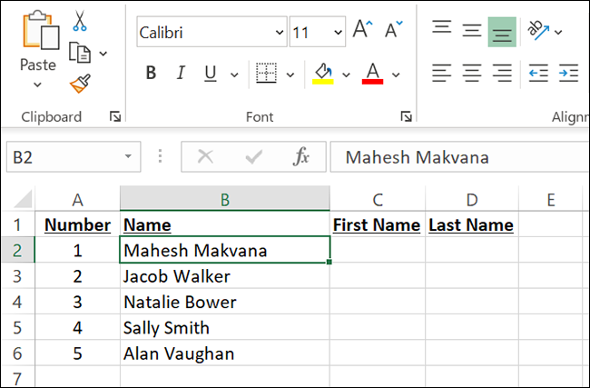 Una hoja de cálculo de Excel con los nombres completos de las personas.