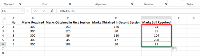 Múltiples respuestas de resta para todos los valores en Excel.