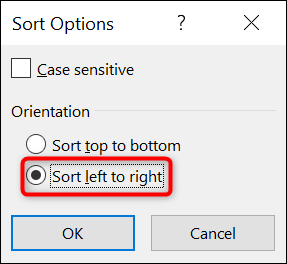 Seleccione "Ordenar de izquierda a derecha" y haga clic en "Aceptar" en el cuadro "Opciones de clasificación" en Excel.