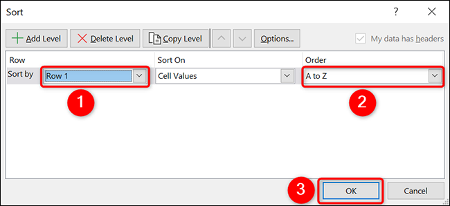 Configure las opciones de clasificación en la ventana "Ordenar" en Excel.