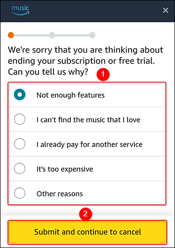 Elija una razón para irse y toque "Enviar y continuar para cancelar".