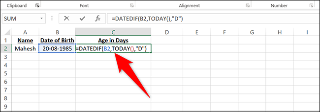 Escriba = DATEDIF (B2, HOY (), "D") en la celda C2 en Excel.