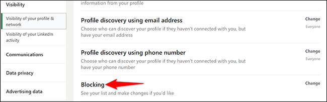 Haga clic en "Bloqueo" en la sección "Visibilidad de su perfil y red".