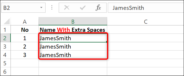 Todos los espacios eliminados de una hoja de cálculo de Excel.