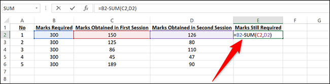 Escriba la fórmula de resta múltiple en la celda E2 en Excel.