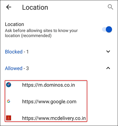 Revise los sitios que pueden acceder a la ubicación en Edge en dispositivos móviles.