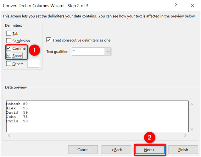 Especifique el separador para los valores en la ventana "Asistente de texto a columnas".