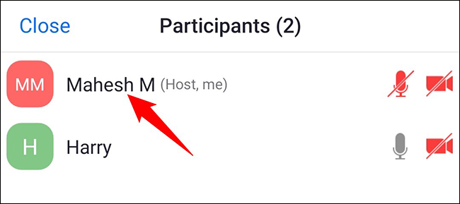 Toque el nombre de usuario en la página "Participantes".