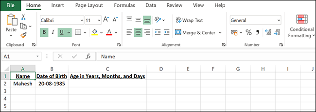 Una hoja de cálculo de muestra para encontrar la edad en años, meses y días en Excel.