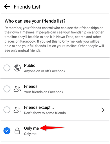 Selecciona "Solo yo" en la página "Lista de amigos".