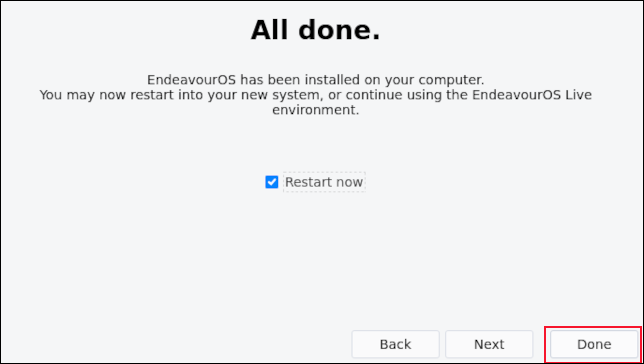 La pantalla de reinicio de la instalación de EndeavourOS