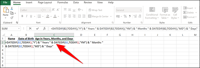 Ingrese = DATEDIF (B2, TODAY (), "Y") & "Years" & DATEDIF (B2, TODAY (), "YM") & "Months" & DATEDIF (B2, TODAY (), "MD") & " Días "en la celda C2 y presione Entrar en Excel.