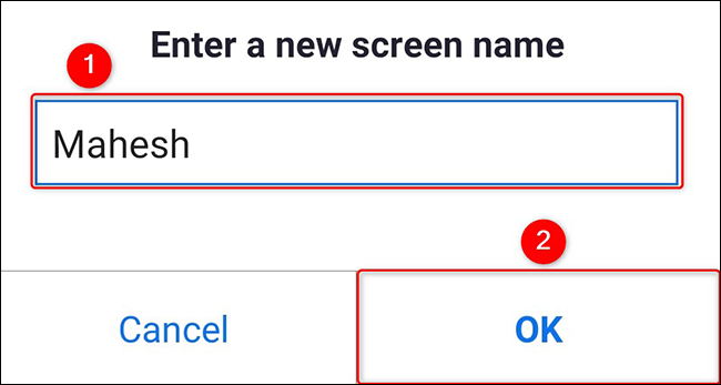 Ingrese un nuevo nombre y haga clic en "Aceptar" en el cuadro "Ingrese un nuevo nombre de pantalla".