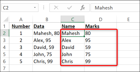Los datos de una sola celda se dividen en varias celdas en Excel.