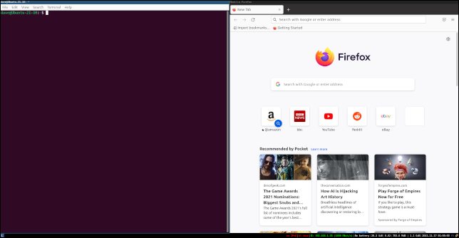 Firefox y una ventana de terminal con una división horizontal