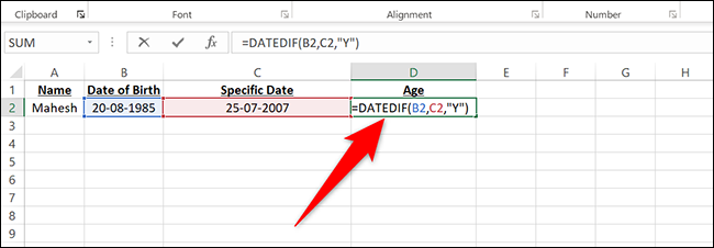 Ingrese = DATEDIF (B2, C2, "Y") en la celda D2 en Excel.