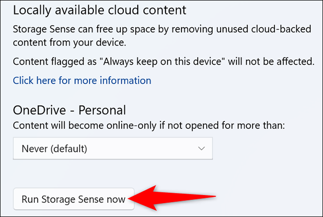 Haga clic en "Ejecutar Storage Sense Now" en la página "Storage Sense".