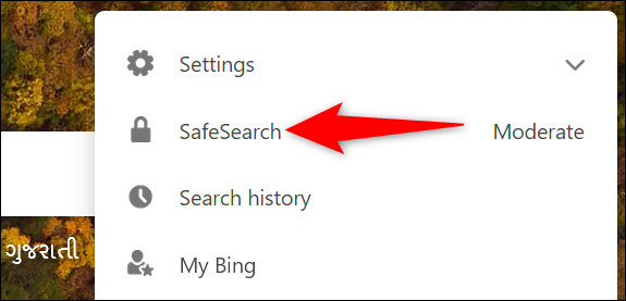 Seleccione "SafeSearch" en el menú de Bing.