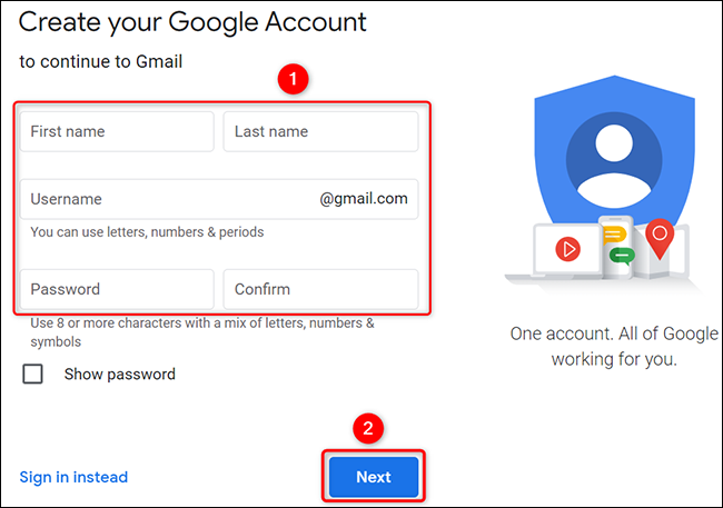 Ingrese los detalles de la nueva cuenta de Gmail.