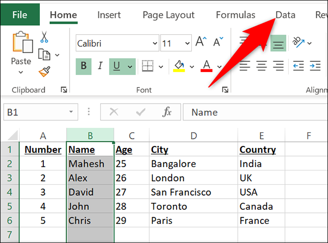 Haga clic en la pestaña "Datos" en Excel.