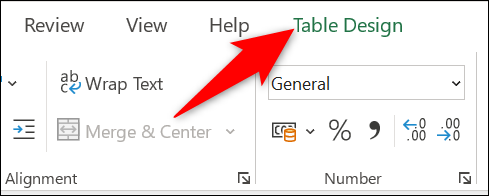 Haga clic en la pestaña "Diseño de tabla" en Excel.