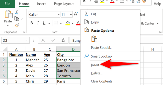 Haga clic con el botón derecho en una fila seleccionada y elija "Insertar" en el menú de Excel.