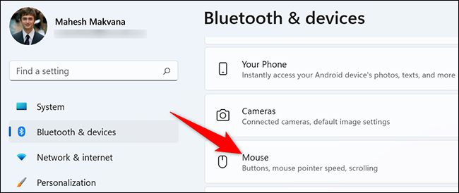 Haga clic en "Mouse" en la página "Bluetooth y dispositivos".