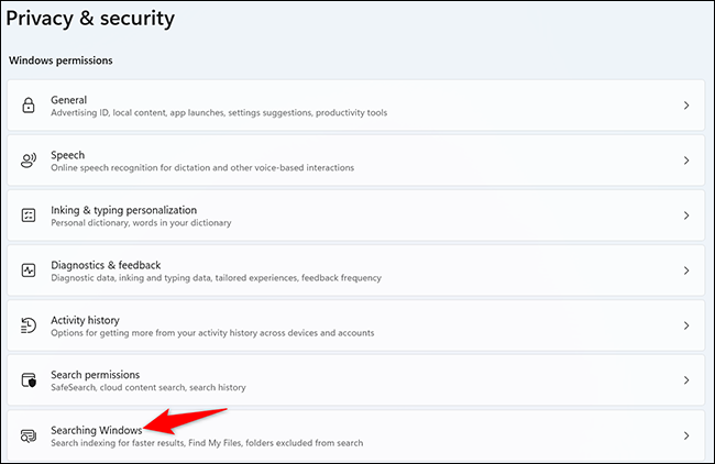 Haga clic en "Buscar en Windows" en la página "Privacidad y seguridad".