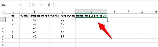 Haga clic en la celda D2 en Excel.