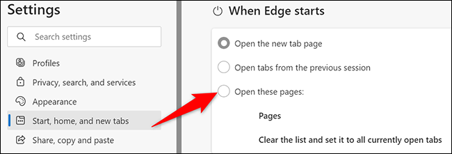 Habilite "Abrir estas páginas" en la sección "Cuando se inicie Edge".