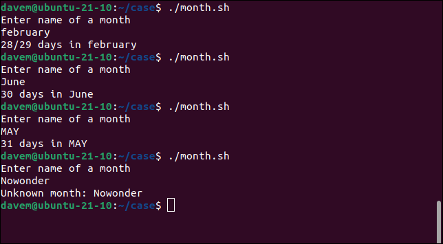 Ejecutando el script month.sh con diferentes entradas de caso